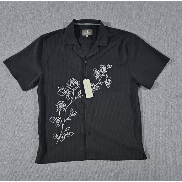 Saints Studio Other - Saints Studio Mens Black Textured Rose Embroidered Button Down Shirt Size M